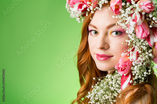  woman with wearing a wreath of tulips