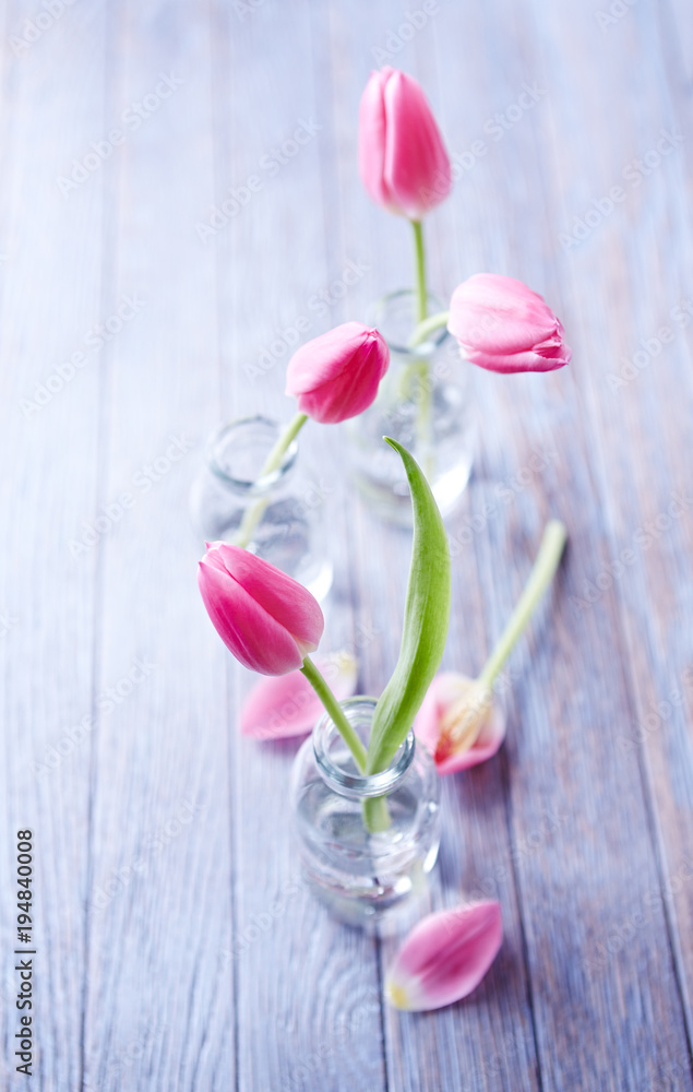 Pink Tulips in Glass Bottles