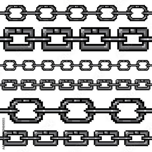 Set of pixel metal chains isolated on white background. Vector illustration