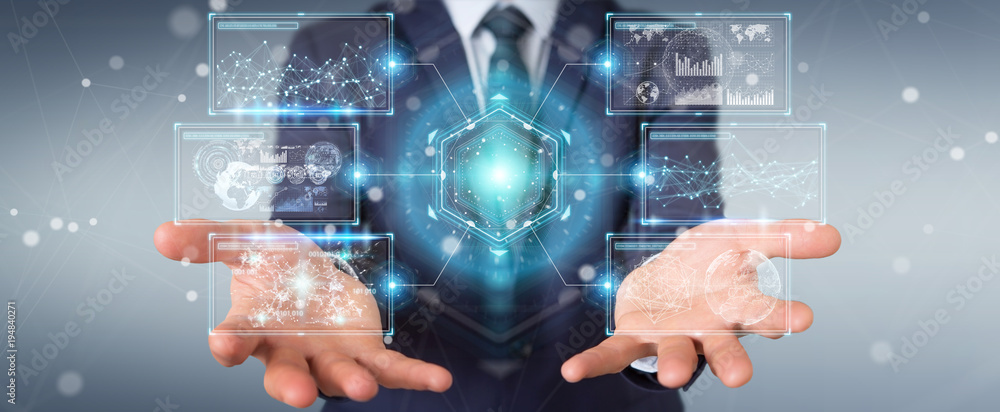 Businessman using digital screens interface with holograms datas 3D rendering Businessman using digital screens interface with holograms datas 3D rendering