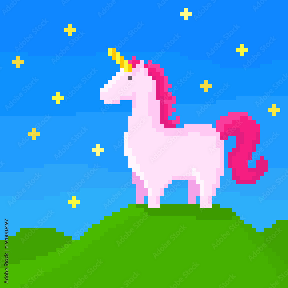 Naklejka premium A cute unicorn stands on the hill on a starry night. Pixel art vector illustration. 8 bit style. 