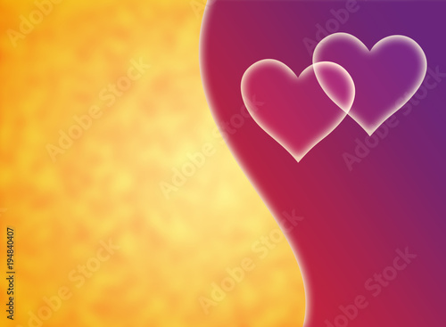 White hearts on a yellow, orange and purple background. Love symbol. Two.