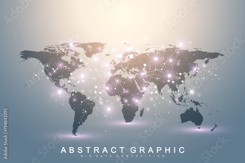 Geometric graphic background communication with World Map. Big data complex with compounds. Perspective backdrop. Minimal array. Digital data visualization. Scientific cybernetic vector illustration.