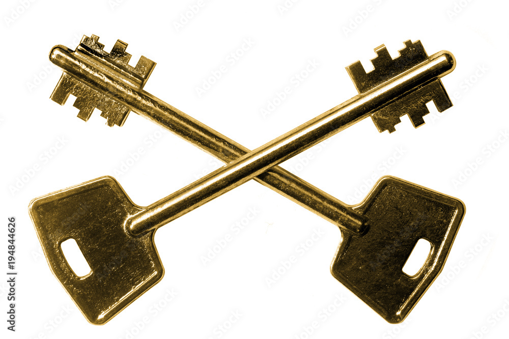 crossed keys of bronze color castle on white background crossed keys of bronze color castle on white background