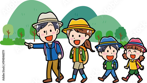 リュックをもってハイキングに行く家族のイラスト素材