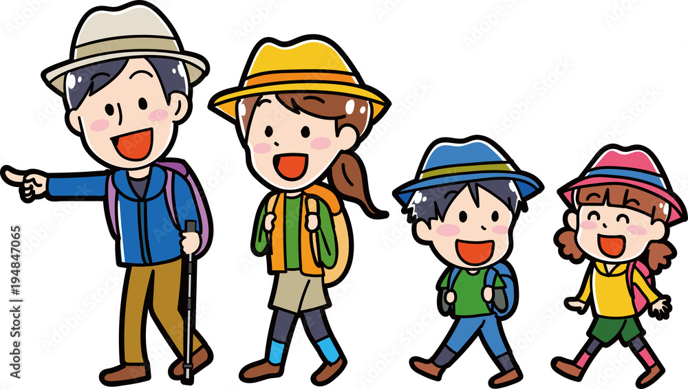 リュックをもってハイキングに行く家族のイラスト素材 リュックをもってハイキングに行く家族のイラスト素材