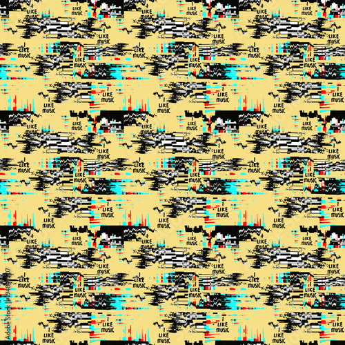 Glitch yellow background. Computer screen error. Digital pixel noise abstract design. Video game glitch. Television signal fail.