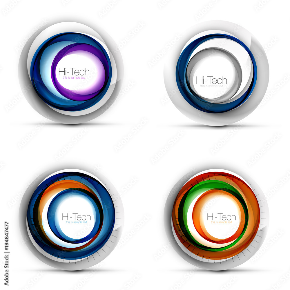 Set of digital techno spheres - web banners, buttons or icons with text. Glossy swirl color abstract circle design, hi-tech futuristic symbols with color rings and grey metallic element Set of digital techno spheres - web banners, buttons or icons with text. Glossy swirl color abstract circle design, hi-tech futuristic symbols with color rings and grey metallic element