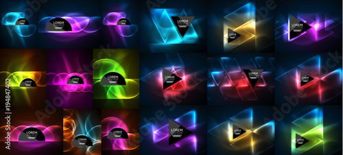 Mega collection of neon abstract shape backgrounds, magic fantastic glowing templates for web or techno digital presetation idea