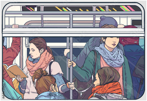 Illustration of crowded metro subway passenger car
