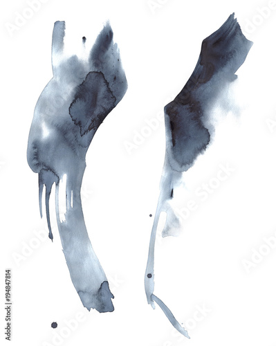 Abstract blue watercolor splotches. Dark water blue watercolor spots with the silhouette of woman. Hand-drawn watercolor illustration. Abstract fashion illustration.