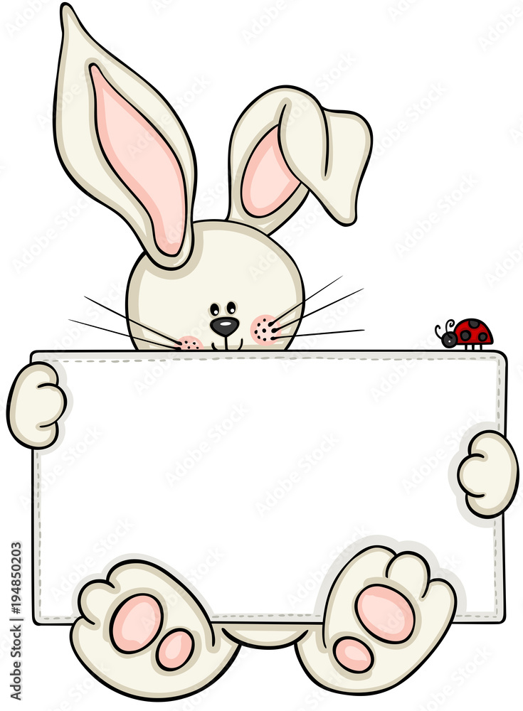 Obraz premium Cute bunny holding blank label with little ladybug 