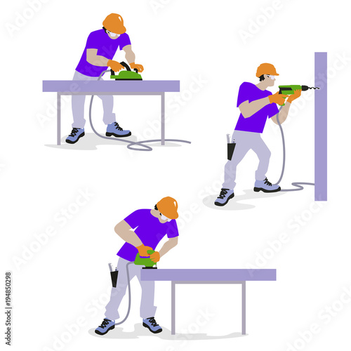 Man work with electric drill, electric wood planer, electric jigsaw.