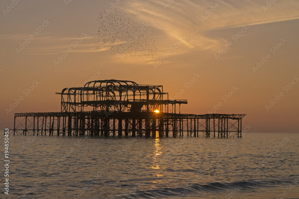 birds and clouds in the sky above Brighton's old pier