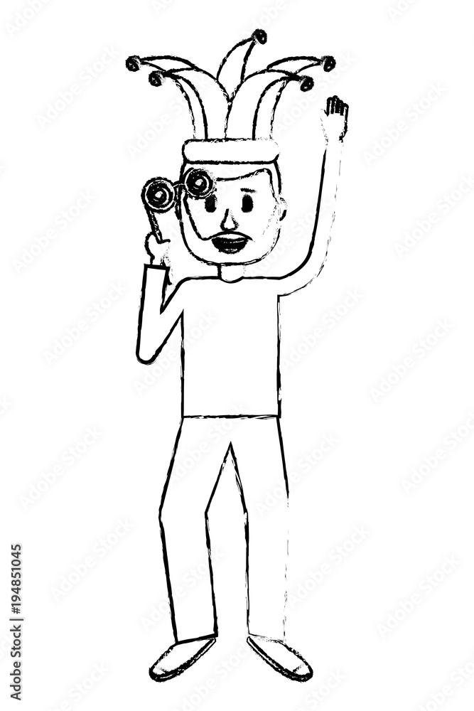 Obraz premium funny man holding silly glasses and jester hat vector illustration sketch design