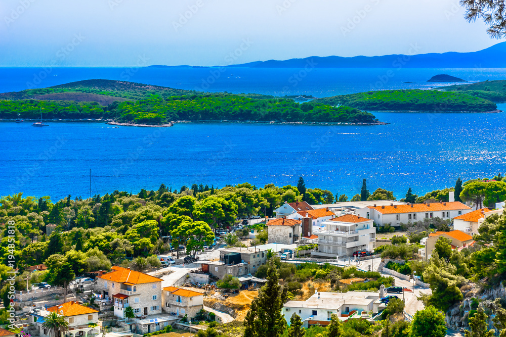 Aerial view of marble coast on Island Hvar, summer landscape in Croatia, Mediterranean.
