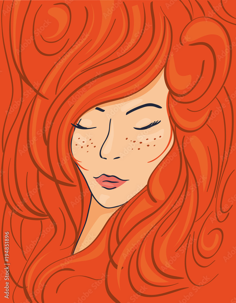 Beautiful face of a red-haired girl in thick wavy hair, vector illustration Beautiful face of a red-haired girl in thick wavy hair, vector illustration