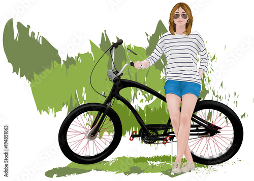 Girl with a bicycle. Girl in a striped blouse.journey
