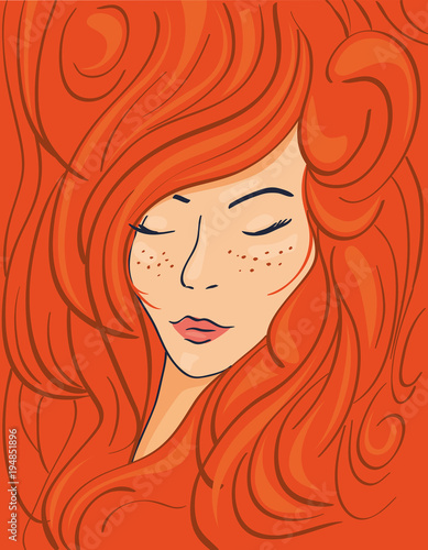 Beautiful face of a red-haired girl in thick wavy hair, vector illustration