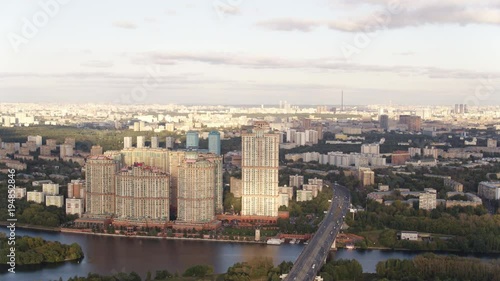 Aerial view of Moscow. Skyscrapers of housing complex Alye Parusa over Moskva River. Stroginsky bridge. Moscow, Russia. 4k photo