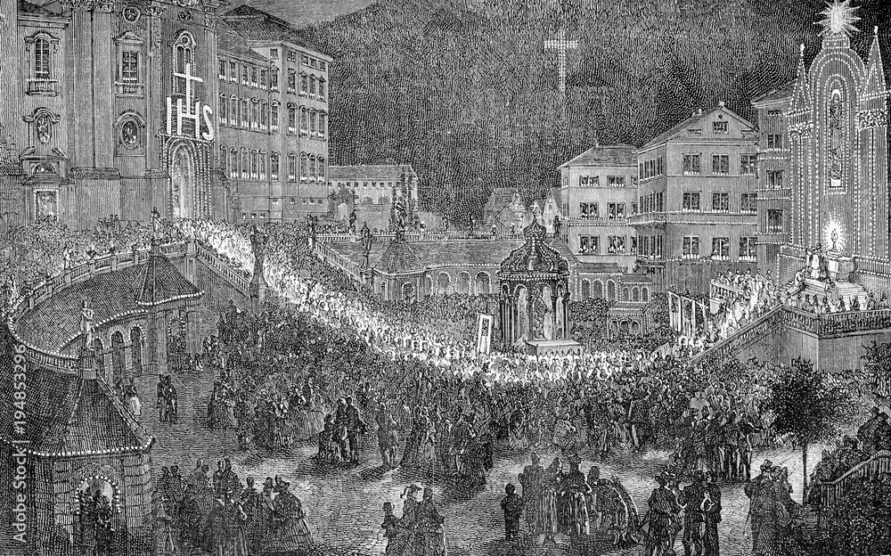 XIX century engraving, religious festive procession at night in Einsiedel, Germany