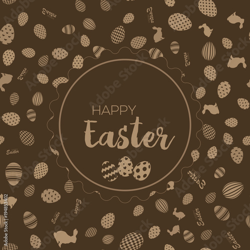Happy Easter greeting card with chocolate background. Vector.