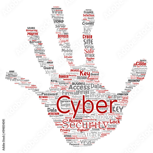 Vector conceptual cyber security online access technology hand print stamp word cloud isolated background. Collage of phishing, key virus, data attack, crime, firewall password, harm, spam protection