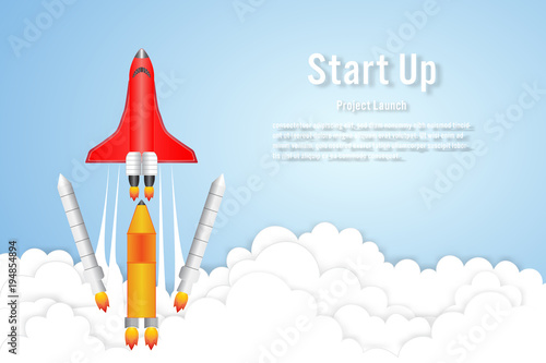 Red Rocket launch on the clouds and blue sky as paper art, craft style and business Startup project concept. flat design vector illustration. © ImagineDesign