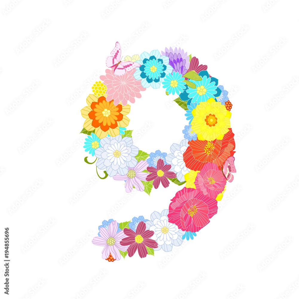 Romantic number of meadow flowers and butterflies nine Romantic number of meadow flowers and butterflies nine