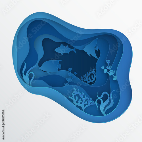 Paper underwater sea cave with fishes, coral reef, seabed in algae, waves. Paper cut deep style vector.  Deep blue marine life, diving concept. Ocean wildlife