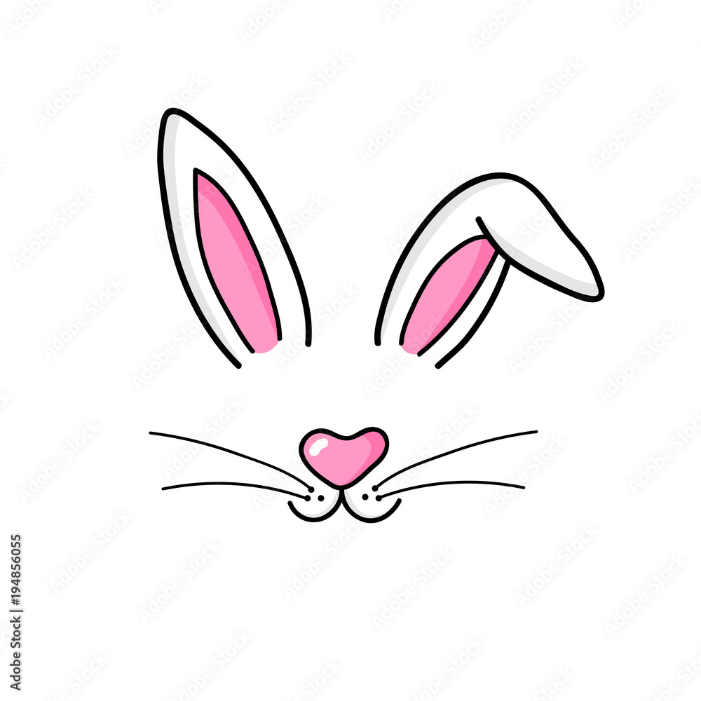 Fototapeta premium Ilustracja wektorowa ładny króliczek wielkanocny, ręcznie rysowane twarz króliczka. Uszy i malutka kufa z wąsami. Na białym tle