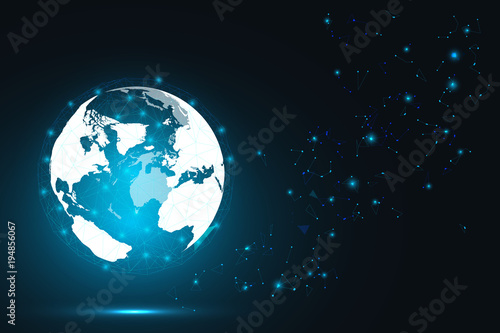 Global network connection. Blue globe hexagonal mesh and line isolated on white as business  composition concept. Vector Illustration.