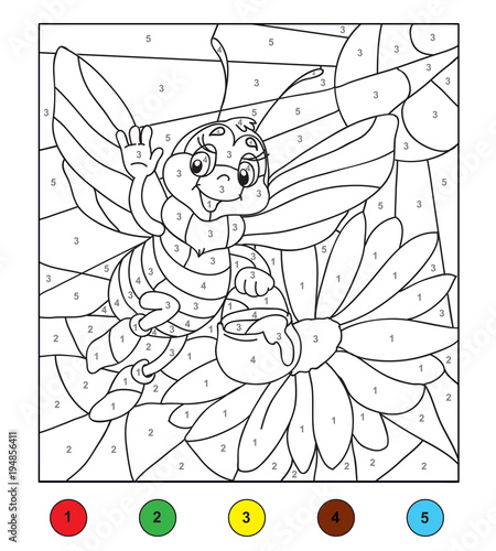 Color by number (bee). Game for children, education game for children. Color by number, black and white illustration.