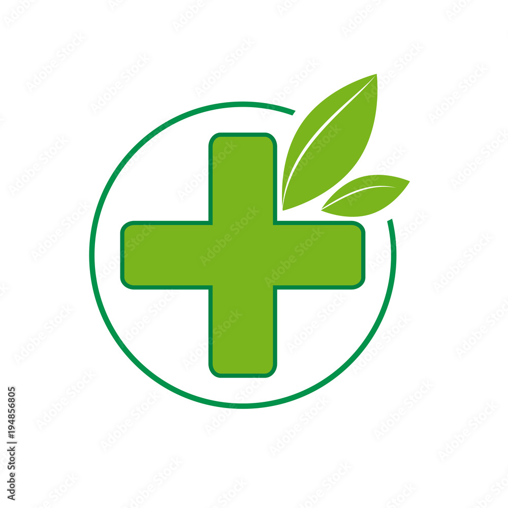 Fototapeta premium Vector sign homeopathy, alternative medicine in pharmacy. green cross and leaf