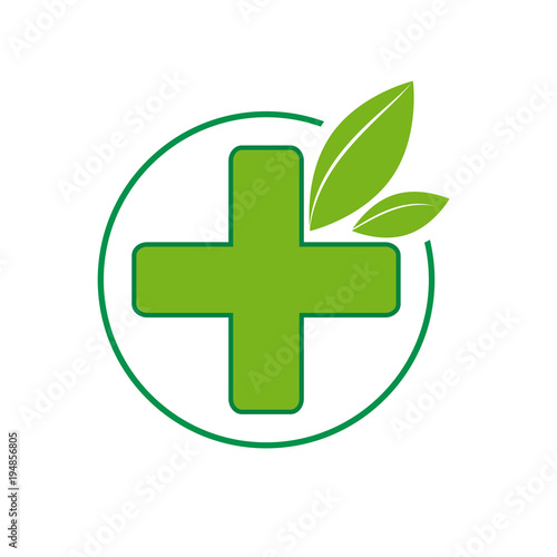 Vector sign homeopathy, alternative medicine in pharmacy. green cross and leaf