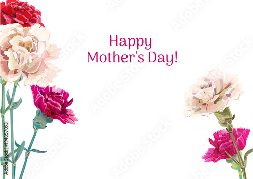 Horizontal template card for Mother's Day with carnation schabaud: red, white flowers, green leaves, white background, hand draw, vintage botanical illustration, vector, space for words, A4