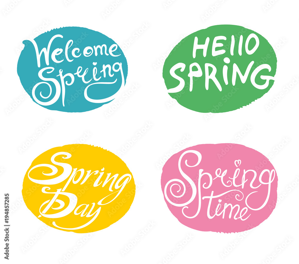 Spring. Four bright multicolored templates welcome templates. Inscription hand draw design. Vector templates isolated on white background.