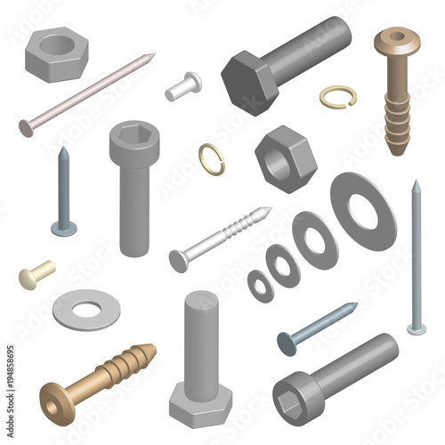 Set of fasteners in 3D, vector illustration.