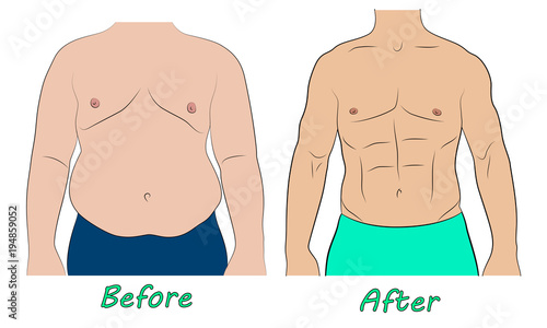 Man body before and after weight loss. Comparison of fat and slim man belly