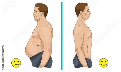 Comparison of a man with obesity and slim man as a result of diet or training.