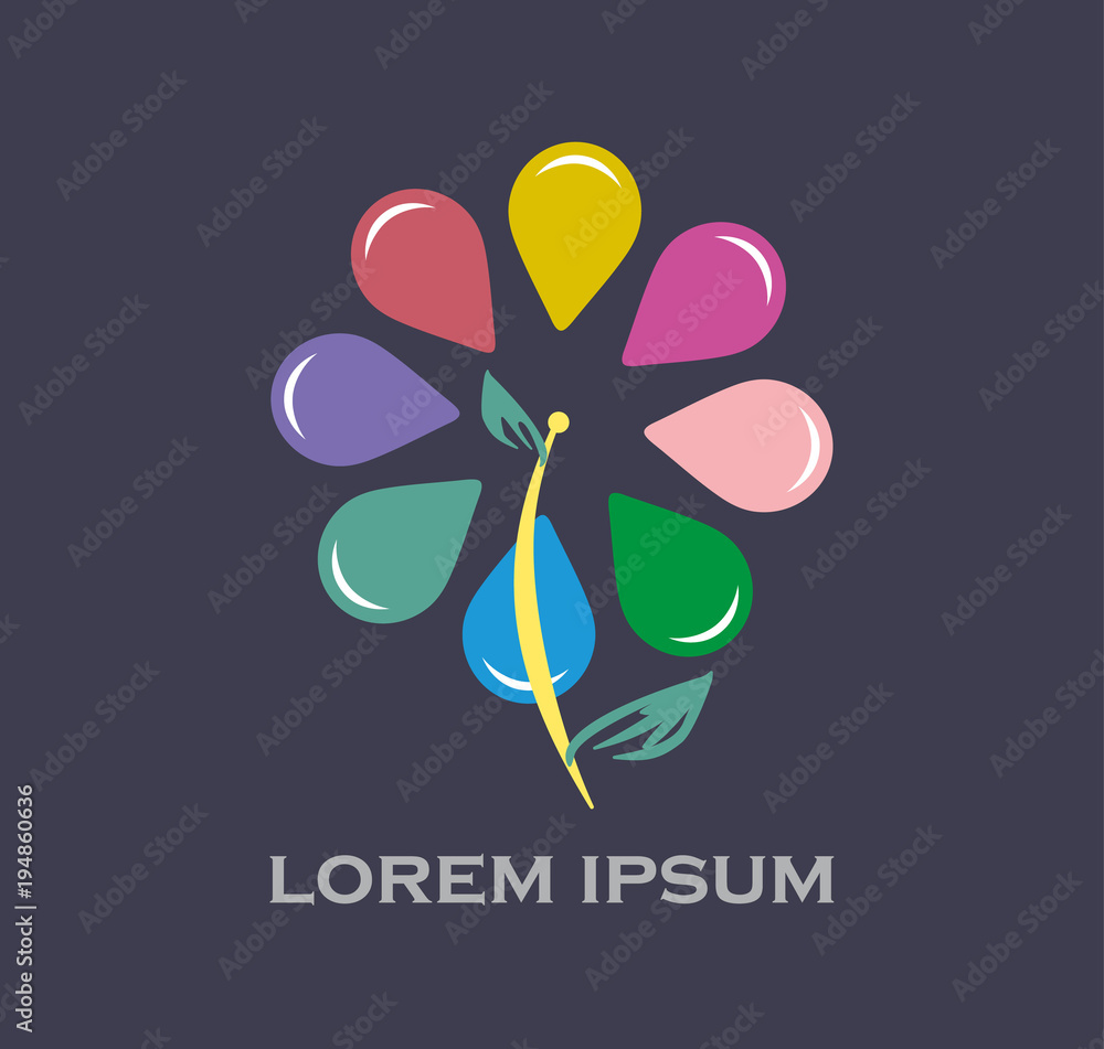 Abstract circle consisting of multicolored drops flower icon vector design. Logo template on a dark background. Abstract circle consisting of multicolored drops flower icon vector design. Logo template on a dark background.