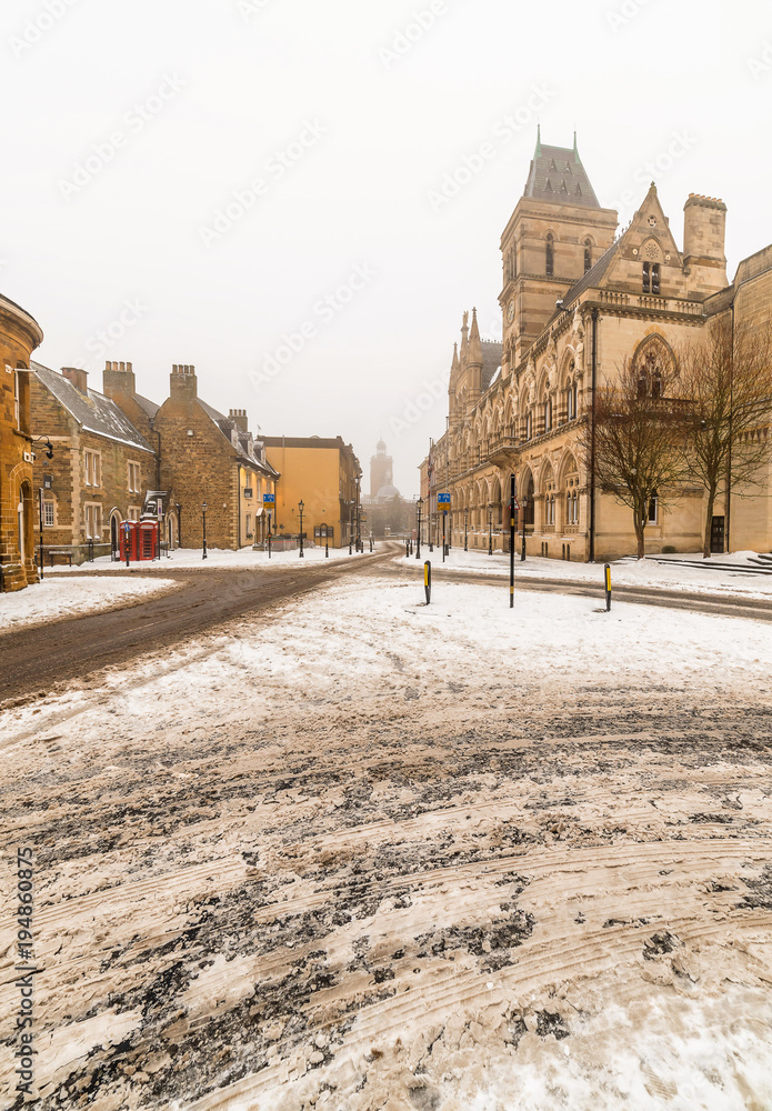 Northampton Guildhall Neo Gothic Building on Cloudy Winter Snowy Day