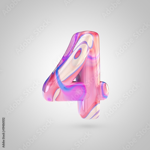 Glossy holographic pink number 4 isolated on white background