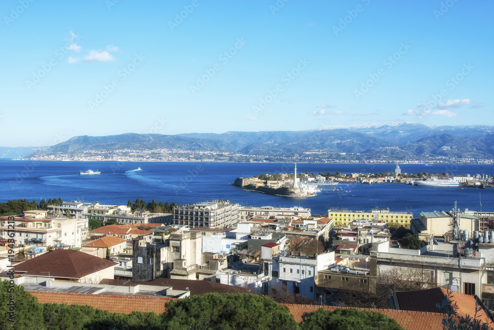Panoramic view of Messina. Reggio di Calabria on the background. Sicily, Italy