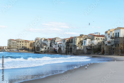 Seagulls on Cefalu beach. Sicily. Italy