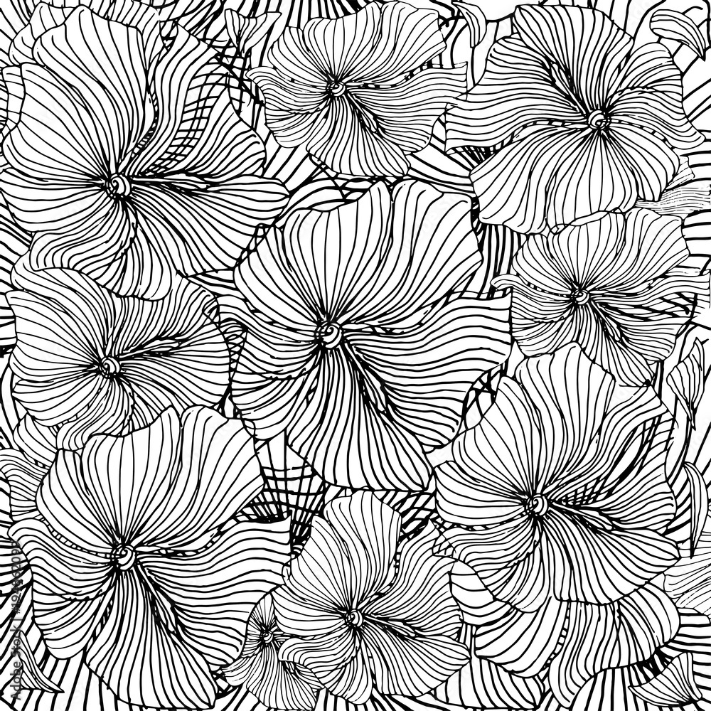Black and white pattern of flowers in stripes. Floral design. Black and white pattern of flowers in stripes. Floral design.