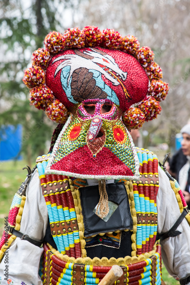 People with mask called Kukeri dance and perform to scare the evil spirits. Yambol, Bulgaria