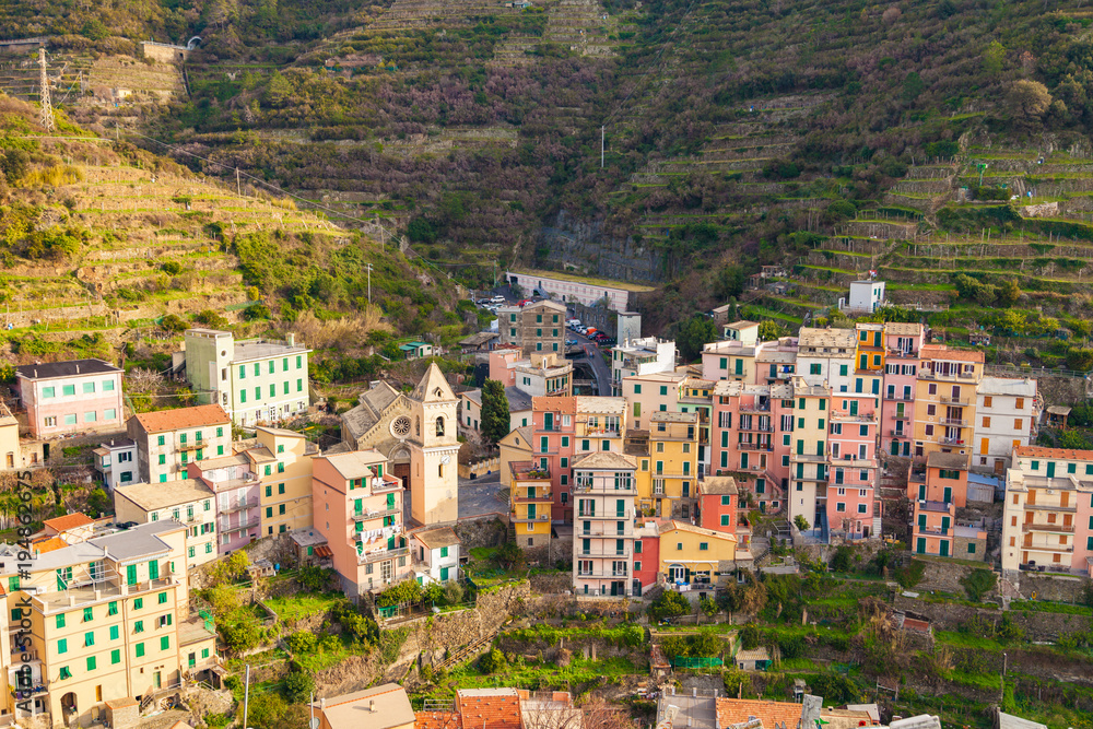 Fototapeta premium Aerial detail landscape view of the little town of Manarola in the Cinque Terre in Liguria Italy.