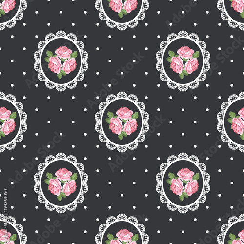 Shabby chic rose seamless pattern on black polka dot background