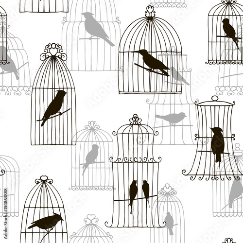 vector seamless pattern with birds in cages